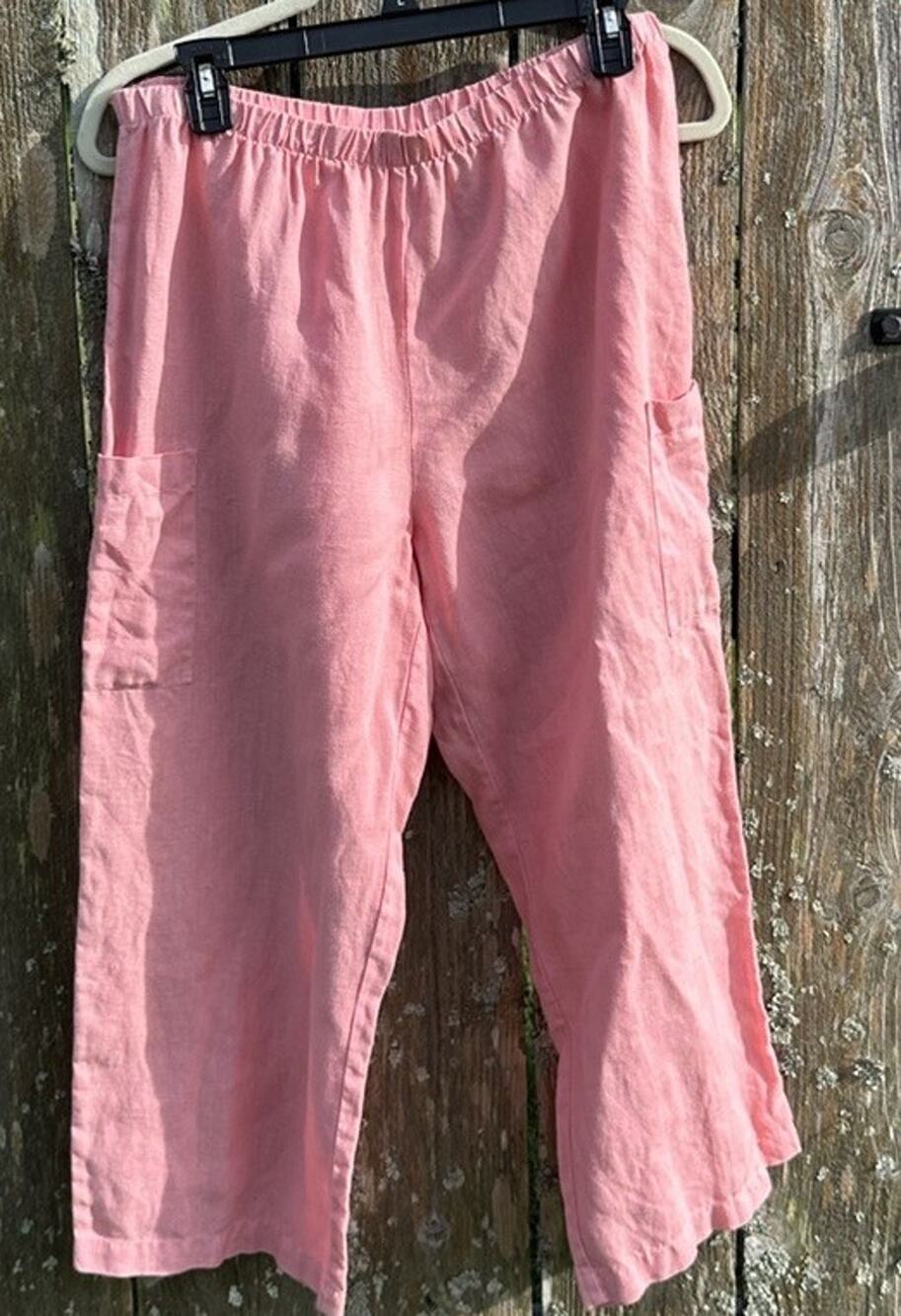 Cut Loose Coral Pink 100% Linen Wide Leg Cropped Pants Size S Leg Pockets PullOn